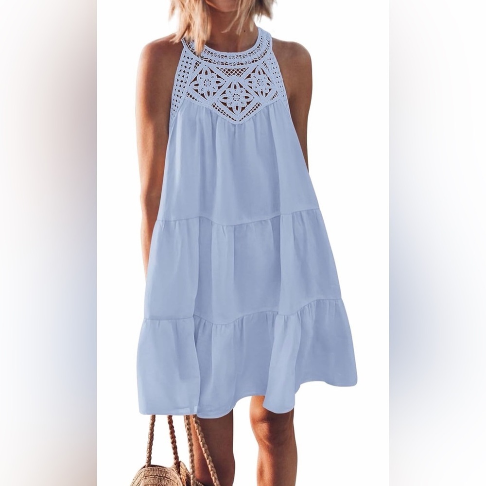 🆕Halter Neck A-Line Boho Mini Dress-Light Blue